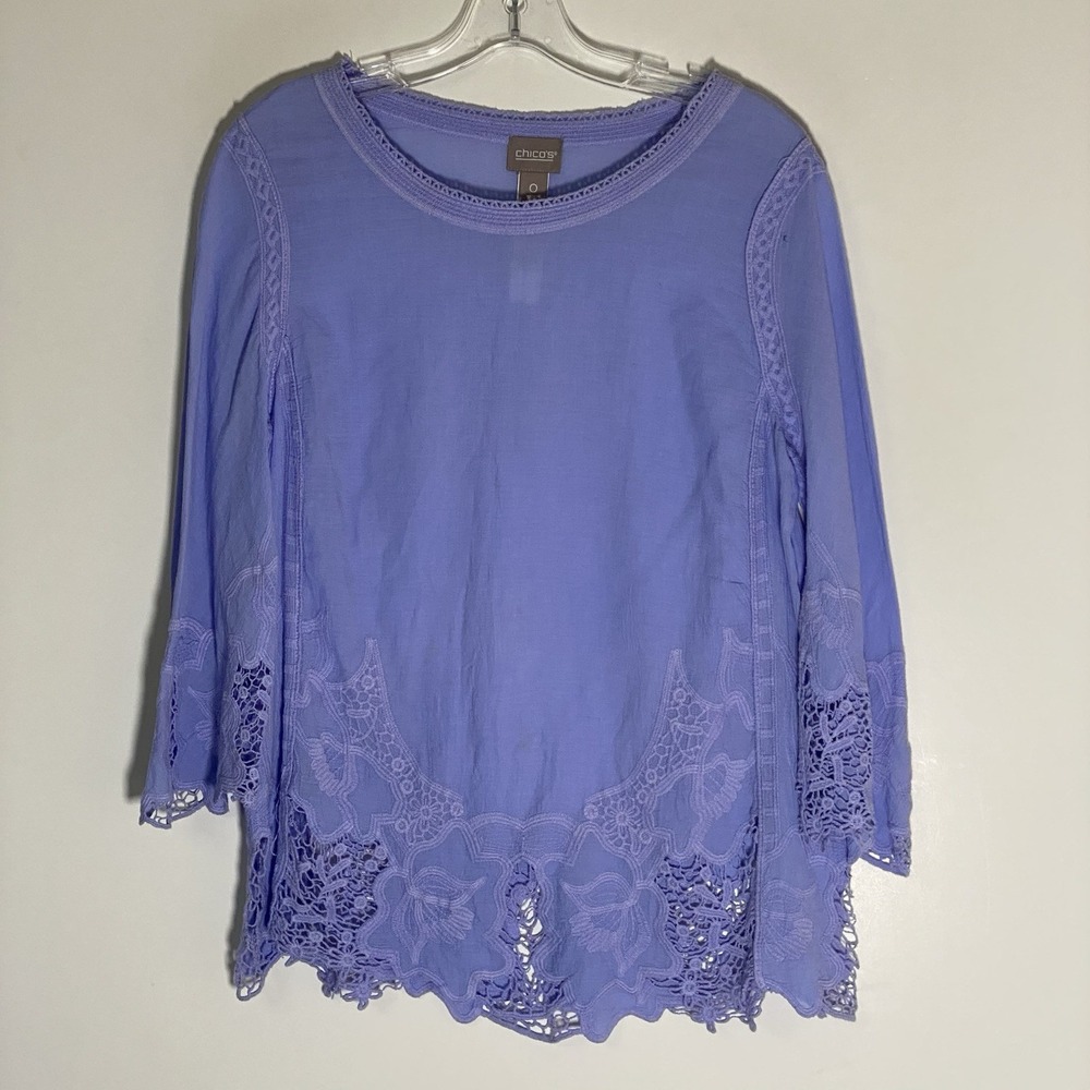 Chicos Top Womens‎ Small Blue Periwinkle Floral Embroidered Crochet Lace 3/4 Slv